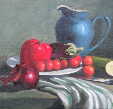 Blue jug and red